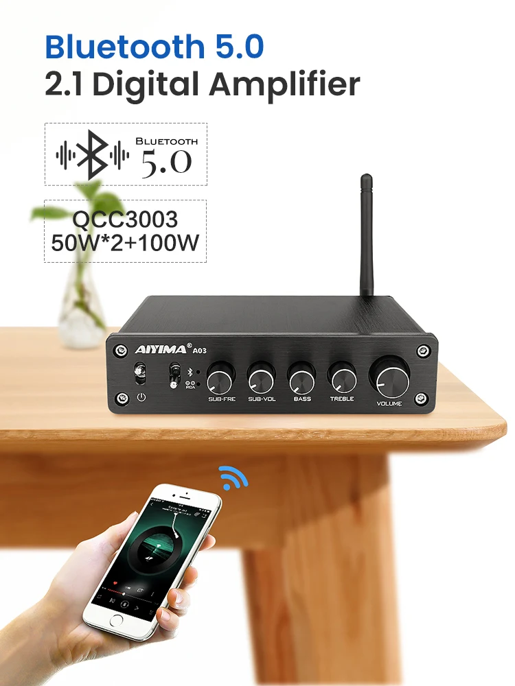 AIYIMA A03 TPA3116 Amplificador Subwoofer Audio Bluetooth Sound 2,1 50Wx2 + 100W HiFi TPA3116D2 Digital Power Hause Verstärker