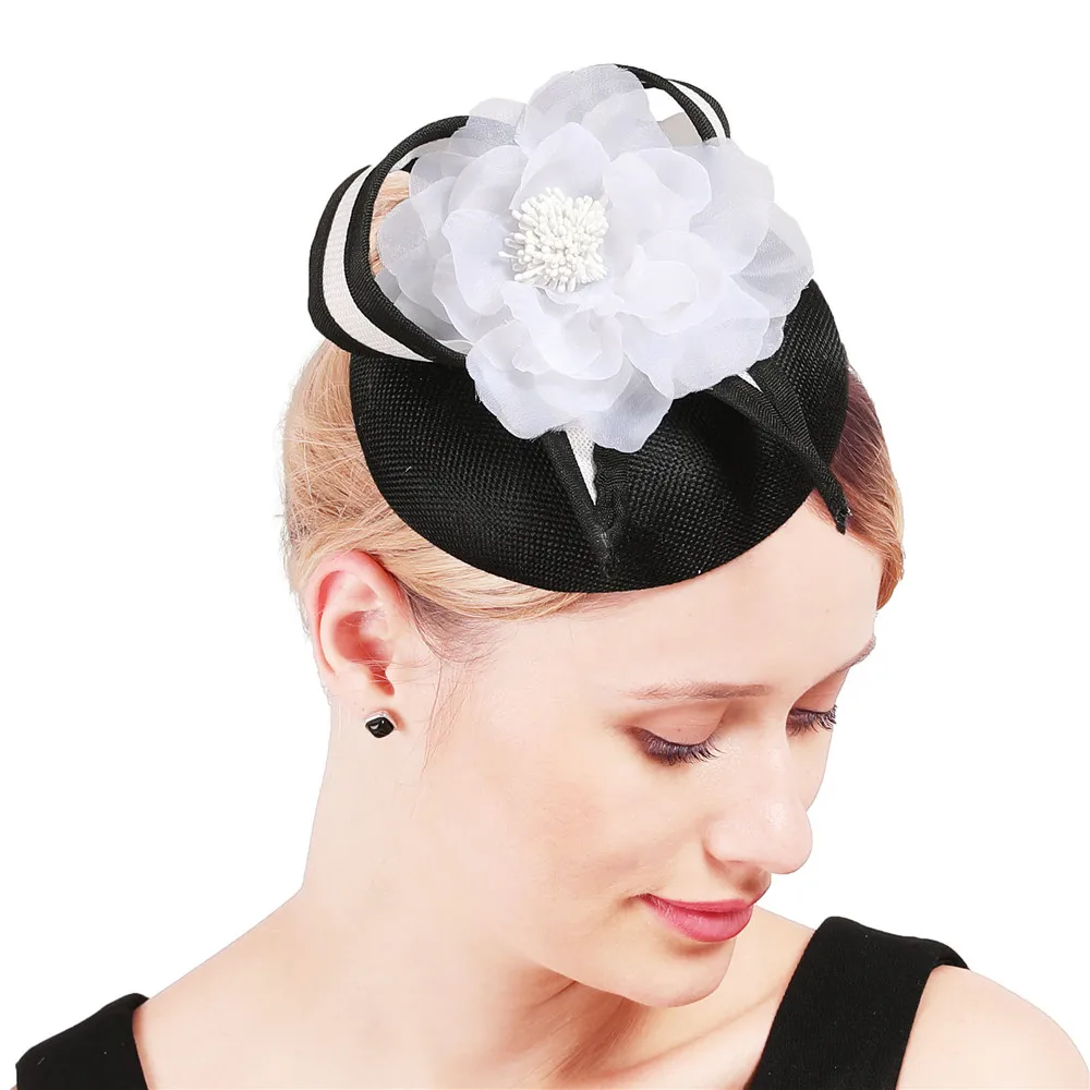 

Elegant Female Black Millinery Hat Fascinator With White Floral Nice Headwear Ladies Prom Occasion Wedding Loops Hair Fascinator