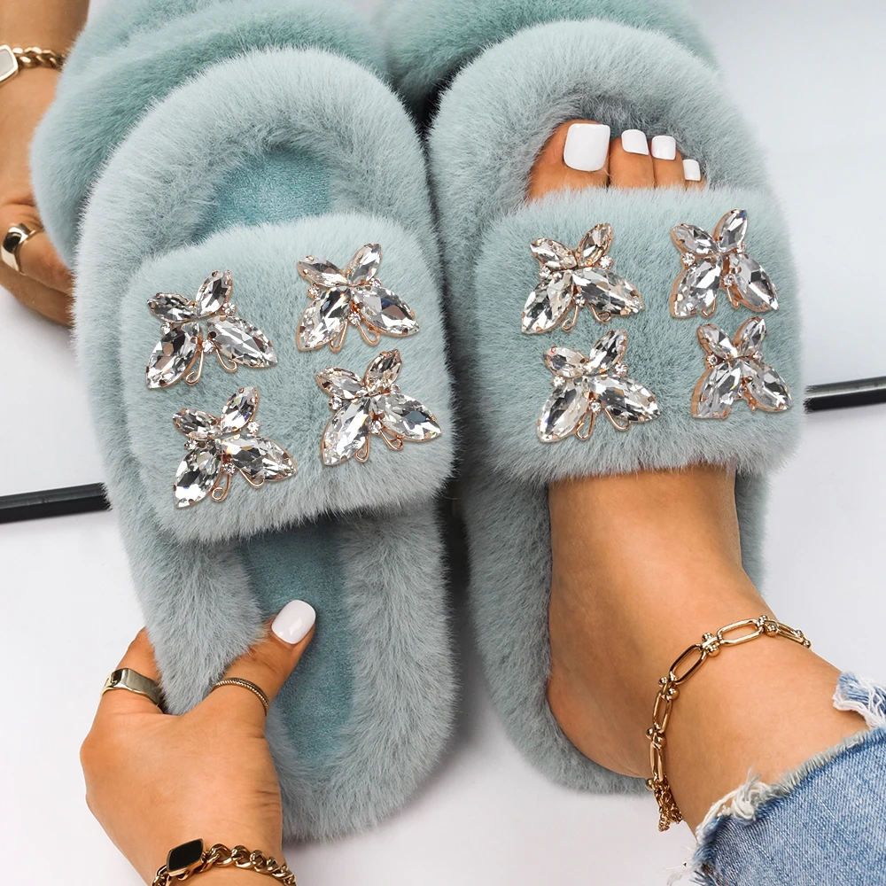 Winter Women Flat Slippers Faux Fur Female Shoes Bling Crystal Rhinestone Butterfly Indoor Slide Winter Casual Fluffy Flip Flops