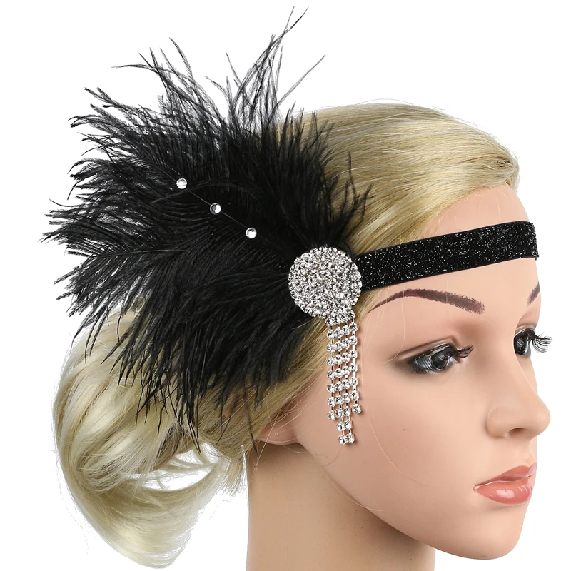 Hair Accessories Black Rhinestone Beaded Sequin Hair Band 1920s Vintage Gatsby Party Headpiece Women Flapper Feather Headband