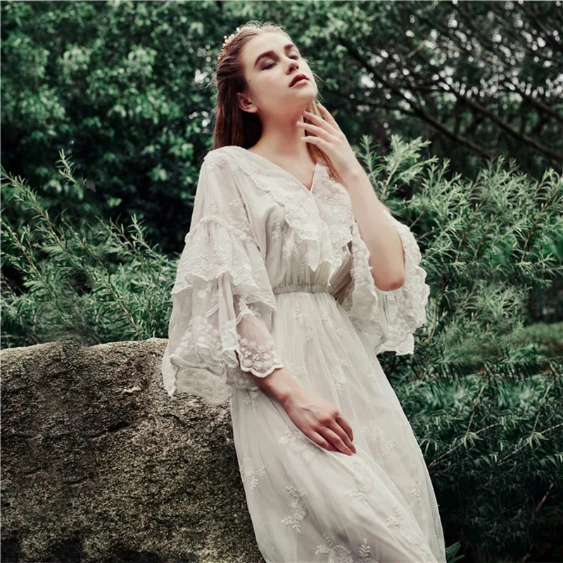 White Lace Dress Women Dress Spring Summer Vintage Elegant Slim Embroidery Lace Dress V-Neck Casual Loose Maxi Dresses Clothes