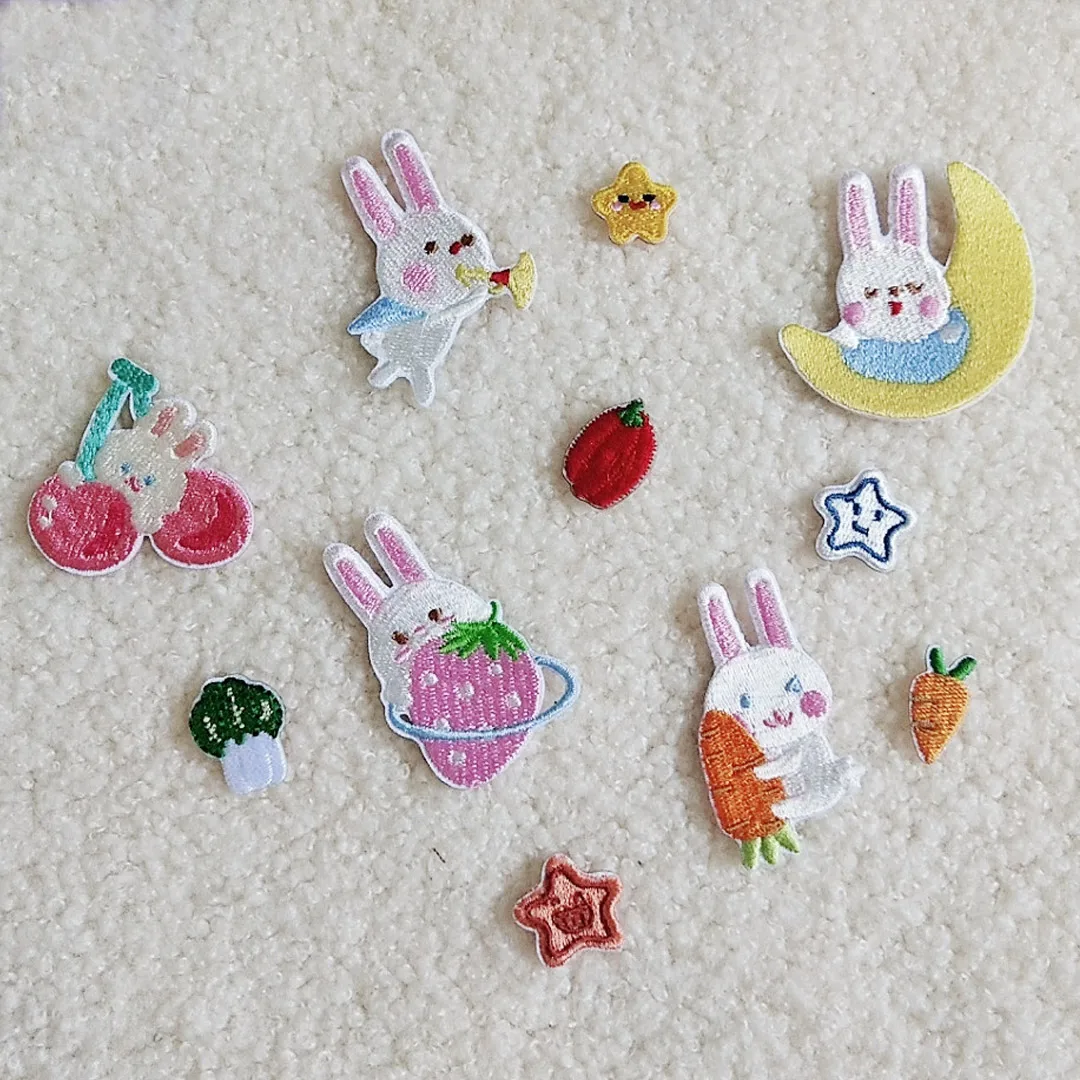 Self-adhesive mini Cartoon Rabbit Vegetables Embroidery Patches for Clothing Iron on Cute Kids Clothes Sticker Appliques Stripes