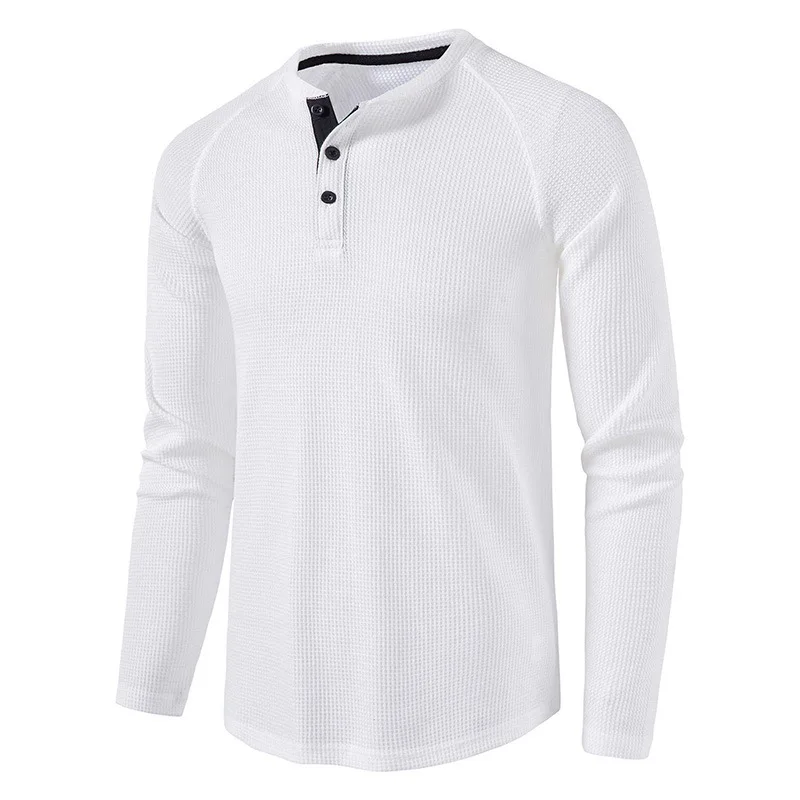 New Henley Collar Tshirt Men Long Sleeve Slim Fit Solid Color Spring Autumn Casual Tops Tees Mens Cotton Full T Shirts Man