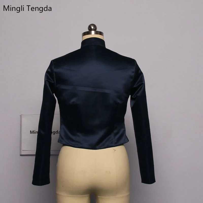 Mingli Tengda Navy Long Sleeves Stola Wedding Coat Bolero Jaket Women Capes Stain Bridal Black Cloak Shawl High Neck Custom Made