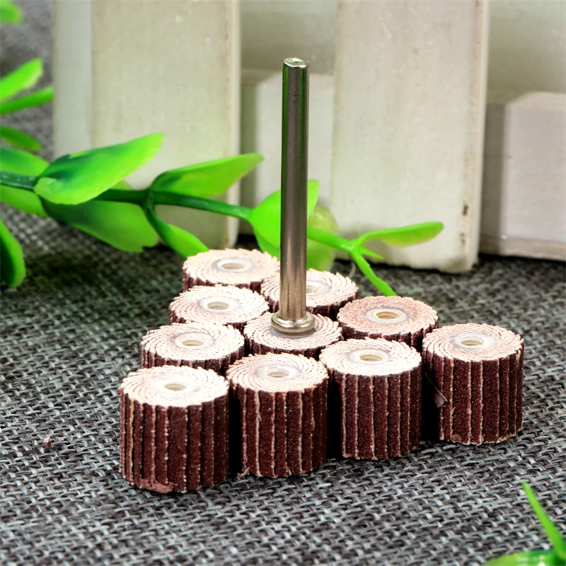 

10Pcs Grit #240 Emery Cloth Trimming Buffing Grinding Sandpaper Sanding Flap Wheel Head with 1Pc 3mm Shank Mandrel Rotary Tools