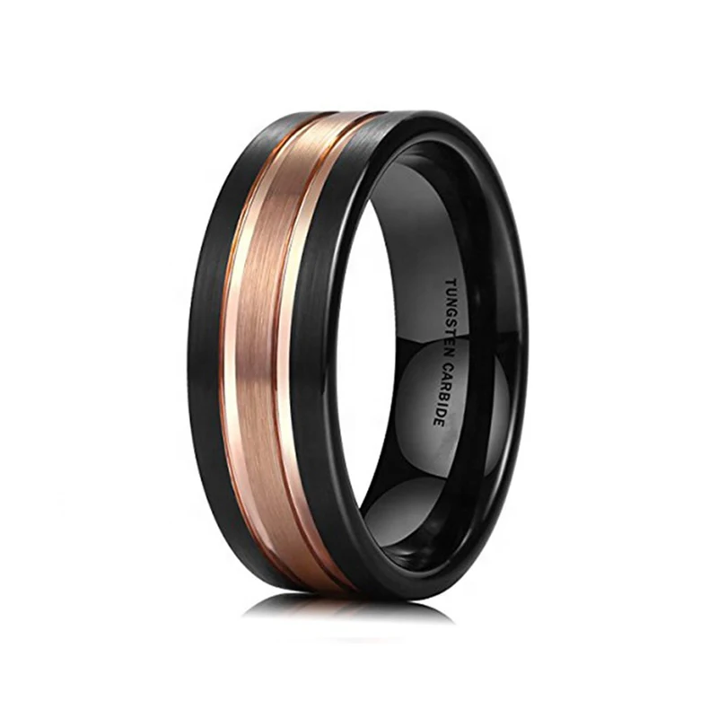 8MM Mens Tungsten Carbide Ring Two-Tone Black Rose Gold Plated Brushed Finish Comfort Fit Fashion Jewelry