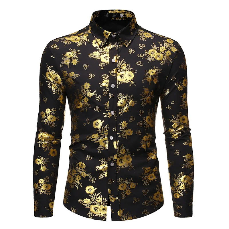 Mens Fashion Shiny Gold Floral Printed Button Down Dress Shirts Camisa Masculina 2023 Brand Black Slim Fit Long Sleeve Shirt Men