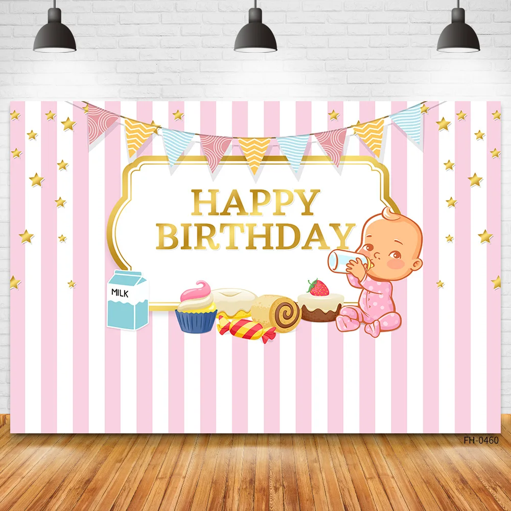 Custom Name Pink Stripe Flowers Birthday Party Backdrops Photo Studio Newborn Baby Shower Boy Girl Banner Background Photography