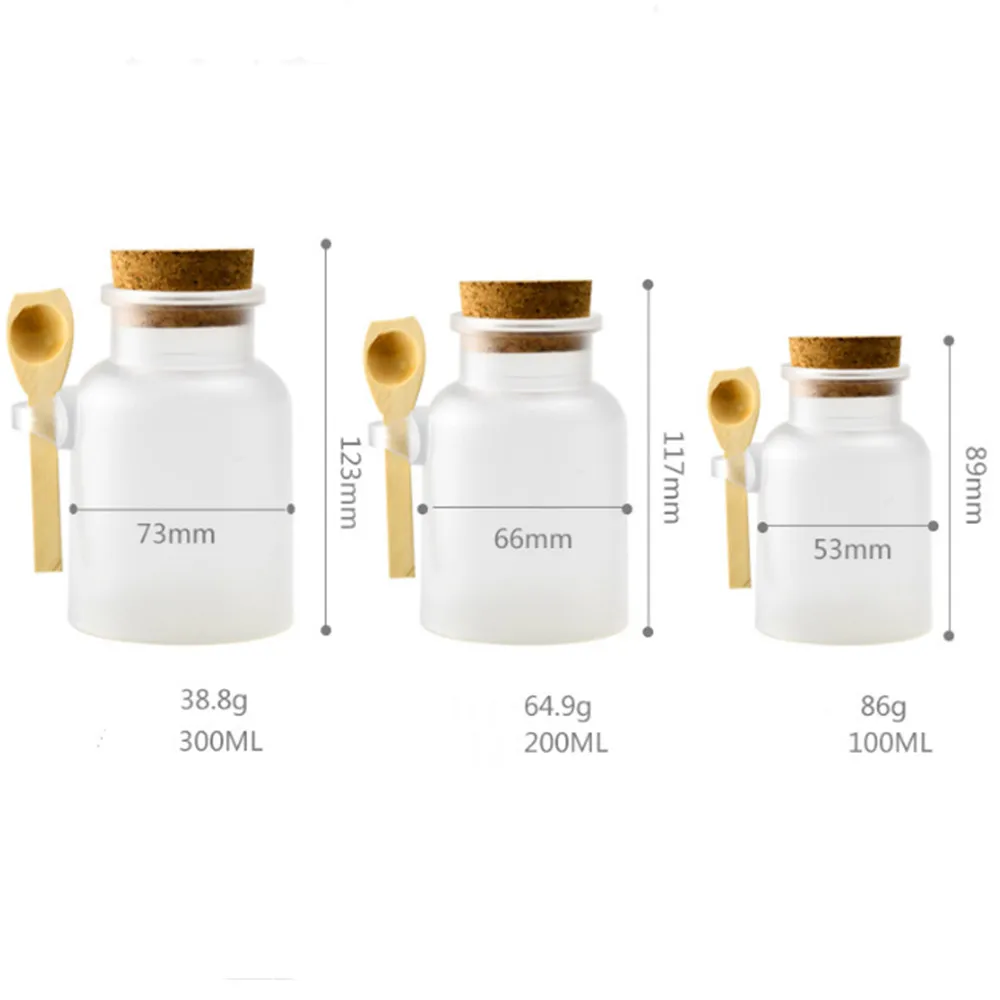 100/200/300/500g Empty Bath Salt Bottle Plastic Matte Cork Jar Women Bottles Container Refillable Bottle With Wood Spoon