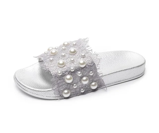 New summer pearl lace sandals flat-bottomed fashion sandals wear-resistant  women's slipper