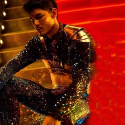 Nightclub show singer dance Costume Nightclub Bar Symphony Sequins Suit Men'S Ds Half Shirt Pole Dance Pants Party Gogo wear