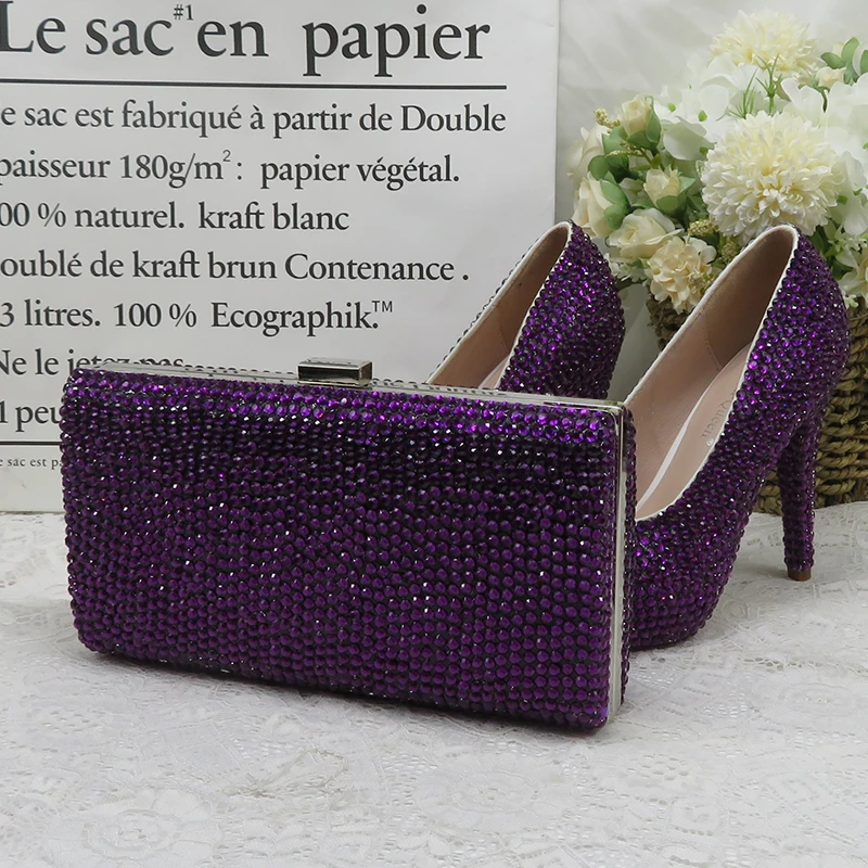 Dark Purple Crystal wedding shoes with matching bags bride party dress High heels platform shoes Round Toe High Pumps and Purse