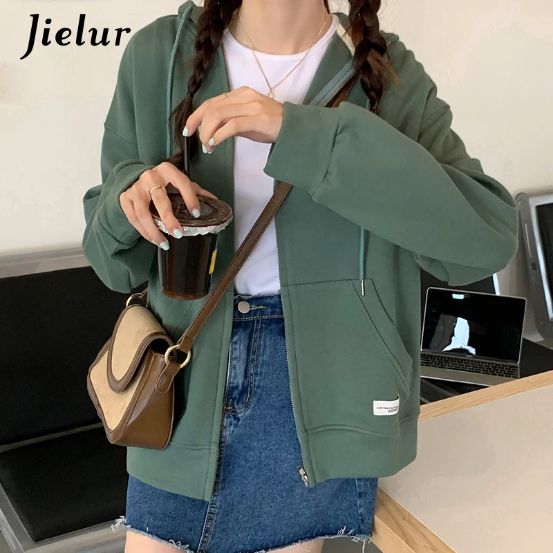 Jielur Autumn Chic Zip-up Hoodies Female Casual Street Loose Thin Blue Gray Apricot Sweatshirt Pocket Hooded Women Cardigans