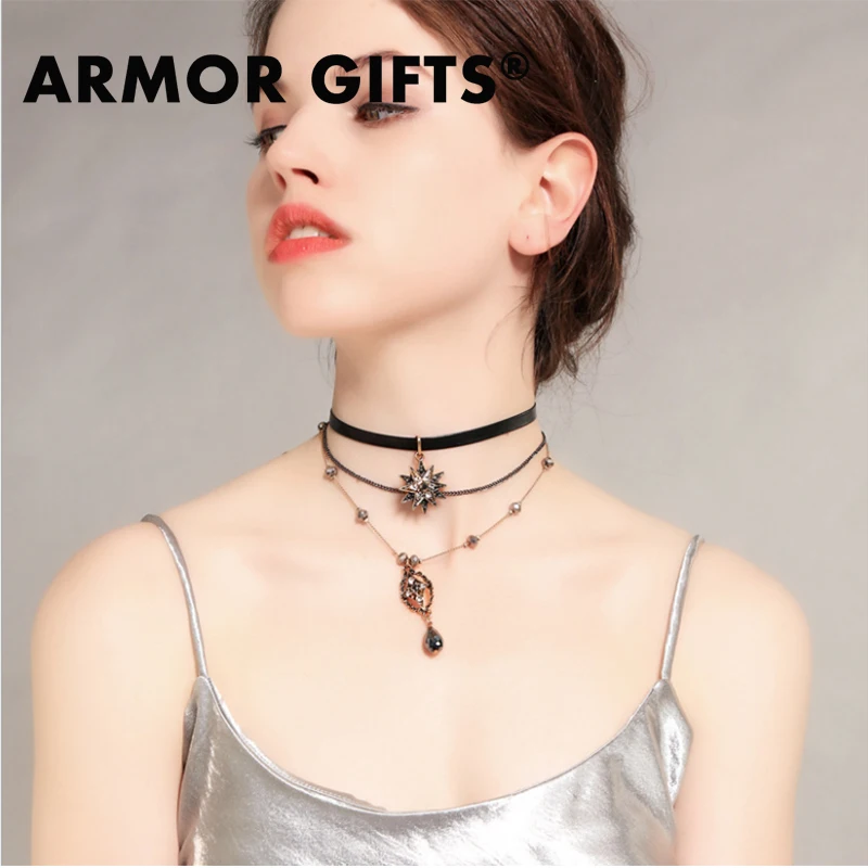 Multi-layer choker collar star drop pendant banquet dress necklace women