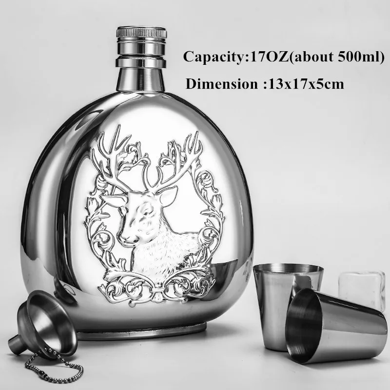 Relief Buck 17oz 500ml Stainless Steel 304 Hip Flask Set Whiskey Vodka Liquor Wine Water Bottle with gift box 2 cups 1 funnel