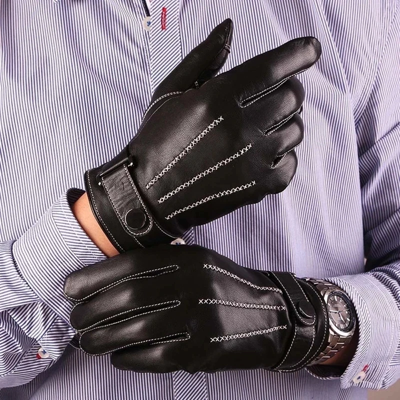 New Fashion 2022 Men Leather Gloves Real Sheepskin Genuine Leather Wrist Solid Autumn Mittens Male Driving Gloves Free Shipping