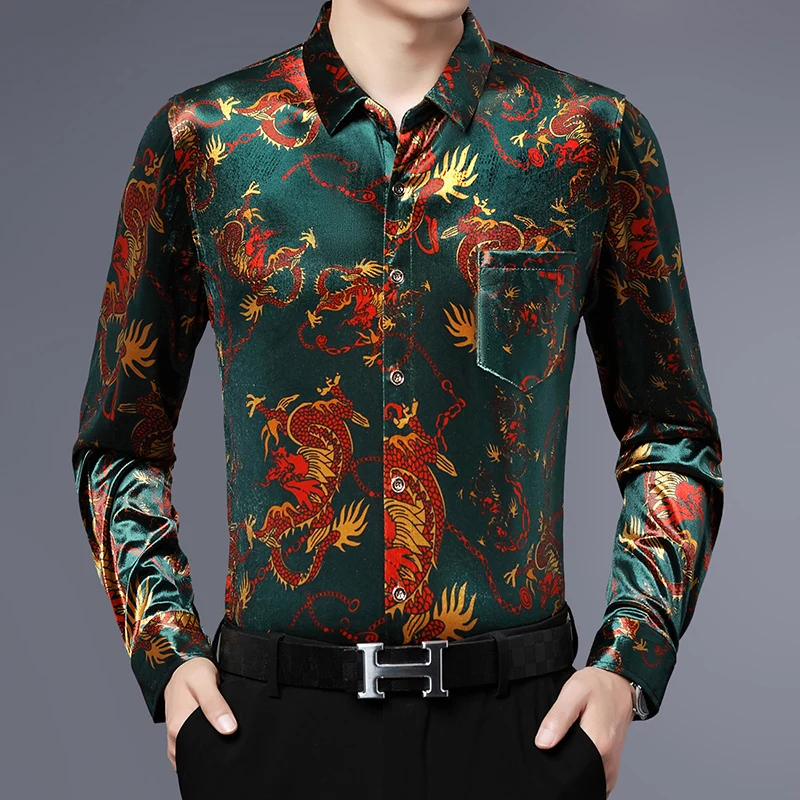 

Dragon Printed Blackish Green Velvet Shirts For Mens Red Velour Large Sizes Clothes For Men Fashion Cozy Unusual Clothes Product