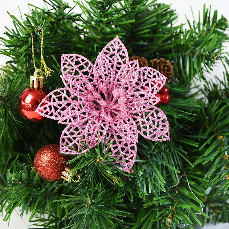 10cm Pink Artificial Flowers Christmas Tree Ornaments Decorations New Year Flower Wreath Garland Decor Fake Poinsettia Flower