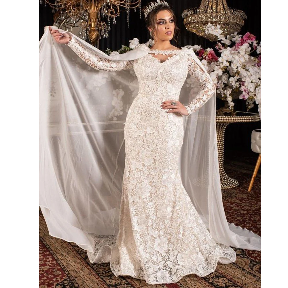 Robe de mariée sirène en dentelle, Vintage, avec Cape en mousseline de soie, manches longues, robes de soirée, personnalisé