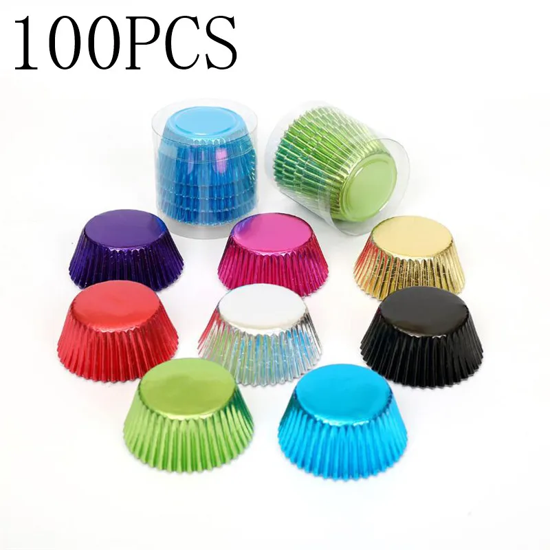 100 Uds. Revestimientos de papel de aluminio dorado para magdalenas, tulipán dorado/plateado/rojo/azul/negro, Color puro, para hornear muffins, tazas, envoltorios para pasteles, estuche protector