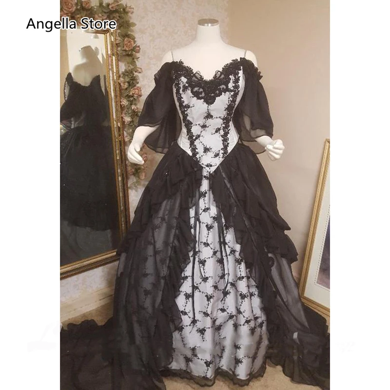 Đầm Vintage Đen Và Trắng Váy Áo Lệch Vai Bầu Đức Gothic Thời Victoria Đầm Cô Dâu Retro Vestidos De Novia