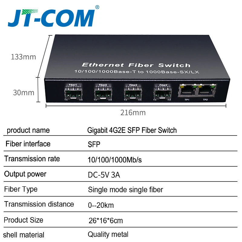 Gigabit SFP Fiber Switch  1000Mbps Optical Media Converter 4 * SFP Fiber Port and 2  RJ45 UTP Port 4/8G2E Fiber Ethernet Switch