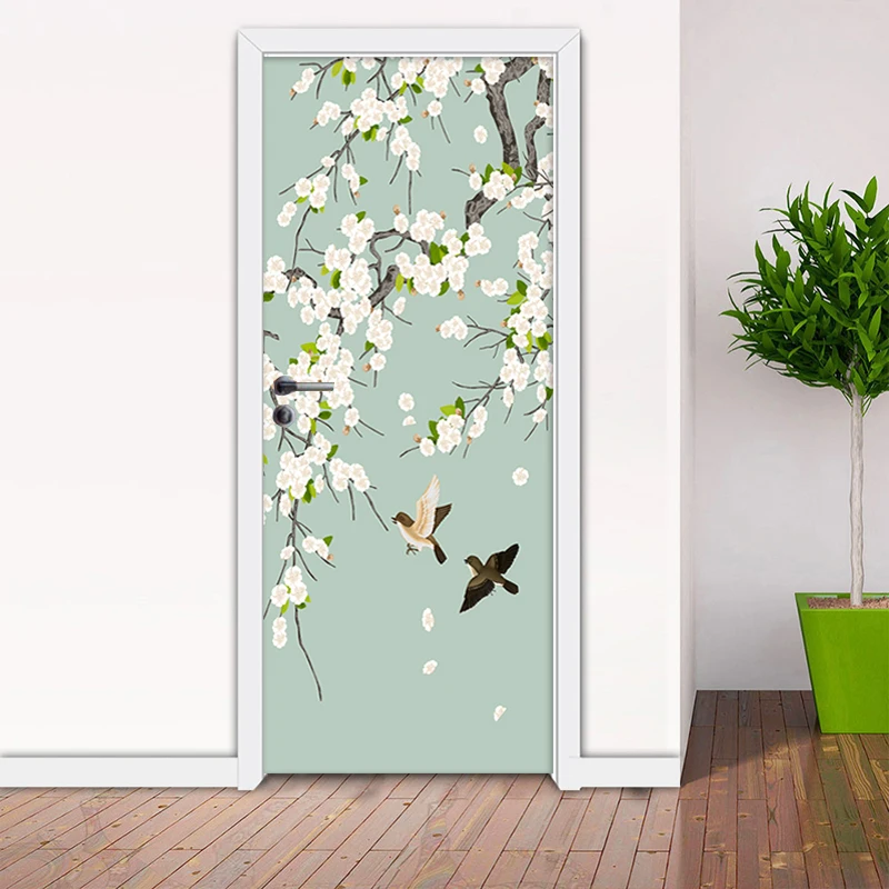 

Door Stickers Chinese Style Plum Branches Living Room Bedroom Door Decor Wallpaper PVC Self Adhesive Decals Imitation Sticker