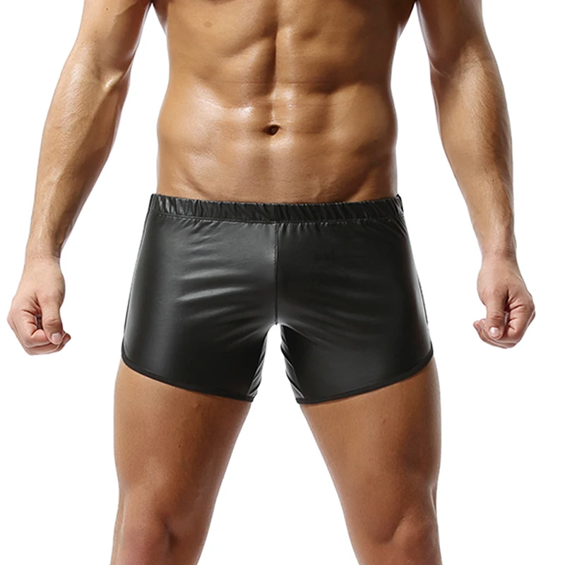 Faux Leather Shorts Men Casual Sport Shiny Shorts Gyms Boxers Sexy Hot Pants with Back Pocket Soft Quick Dry Fitness Man Clothes