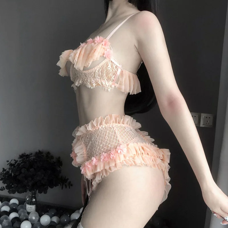 Women Sexy Linegrie Set Underwear Ruffles Exposed Breasts Bra Tops Erotic Lace Panty Back Open Crotch Sexy Pajamas