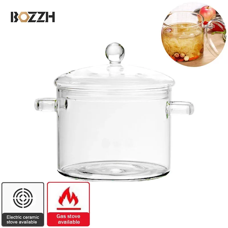 BOZZH Transparent Glass Soup Pot Household Kitchen Vegetable Salad Bowl Thicken Flame Explosion-Proof Cook Saucepan Cookware