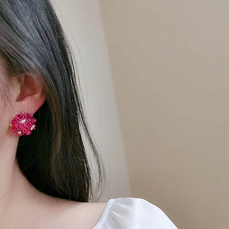 Romantic Sweet Colorful Rose Flowers Stud Earrings for Women Elegant Luxury Crystal Earrings Female Wedding Party Jewelry Gifts