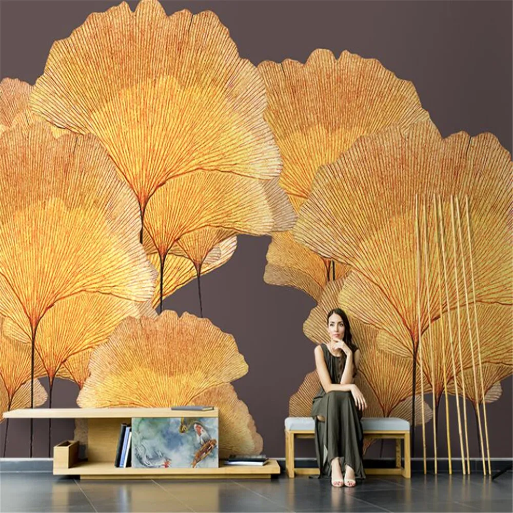 

milofi nordic hand painted abstract art ginkgo leaves wallpaper living room tv background wallpaper custom mural canvas