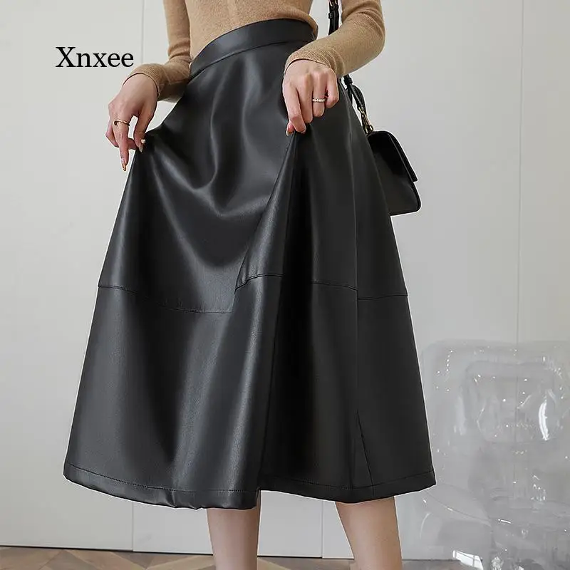 A Line Long Skirt Women Pu Leather Skirts Autumn 2021 Solid Color Office Lady Midi Skirts Elegant High Waist Party Skirt Bottoms