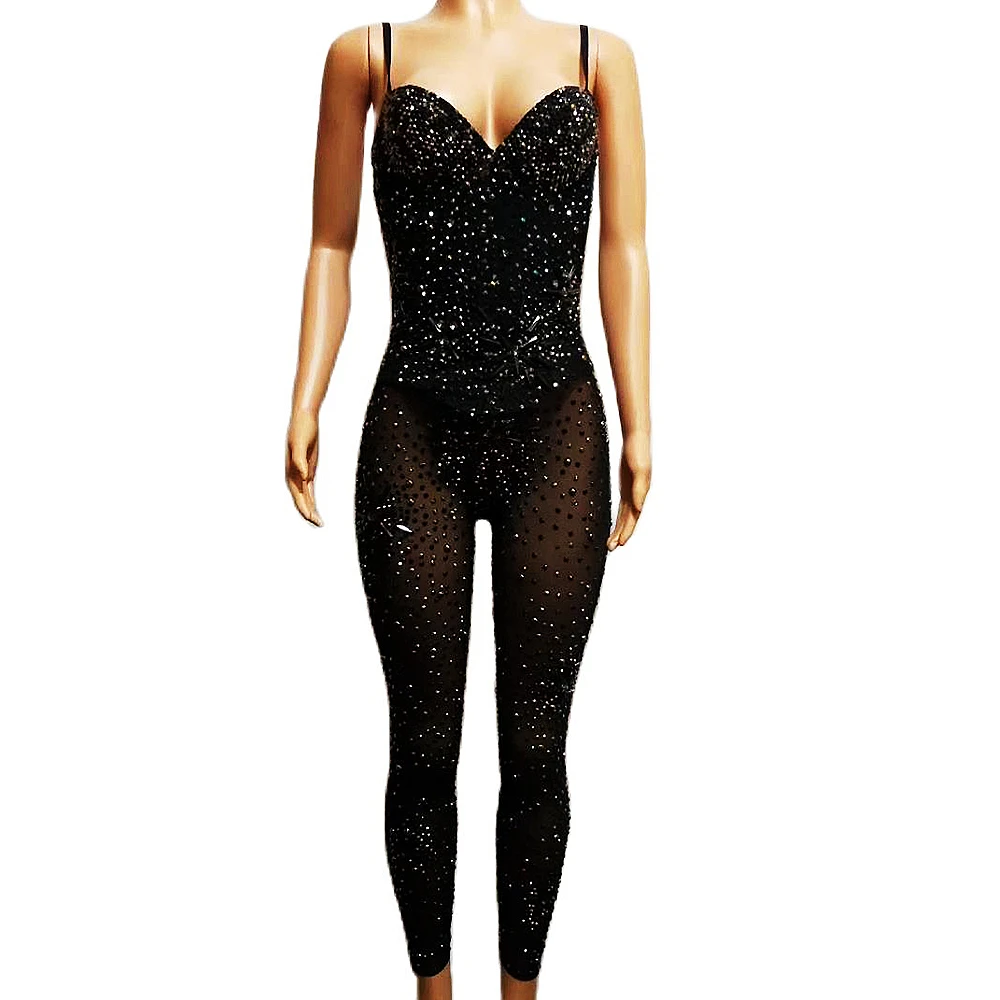 Damskie brokatowe dżetów obcisłe czarne bez rękawów, bez pleców, rozciągliwe kombinezony klub nocny Bar etap kostium taneczny na rurze