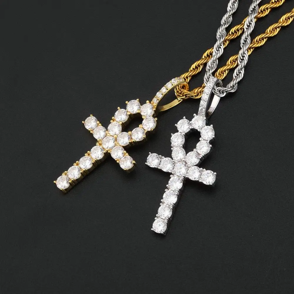 

S925 Silver Color Cross Pendants Necklace for Women Men AAA CZ Stone Ice Out Bling Ankh Cross Hip Hop Rapper Jewelry