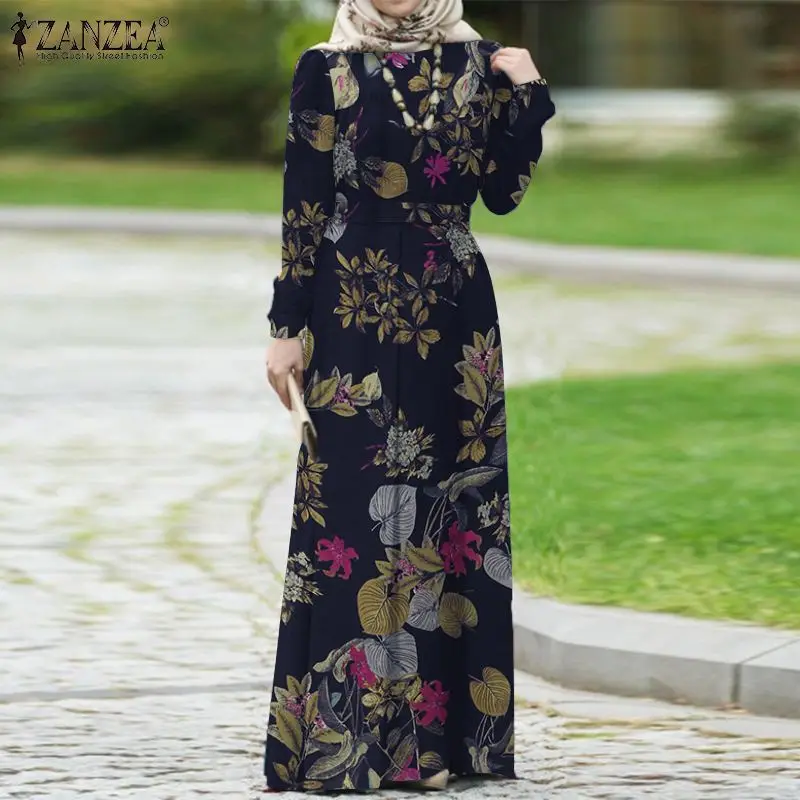 ZANZEA Women Spring Muslim Dress Kaftan Printed Floral Dress Abaya Morocco Long Maxi Dress Bohemian Casual Sundress Robe Femme