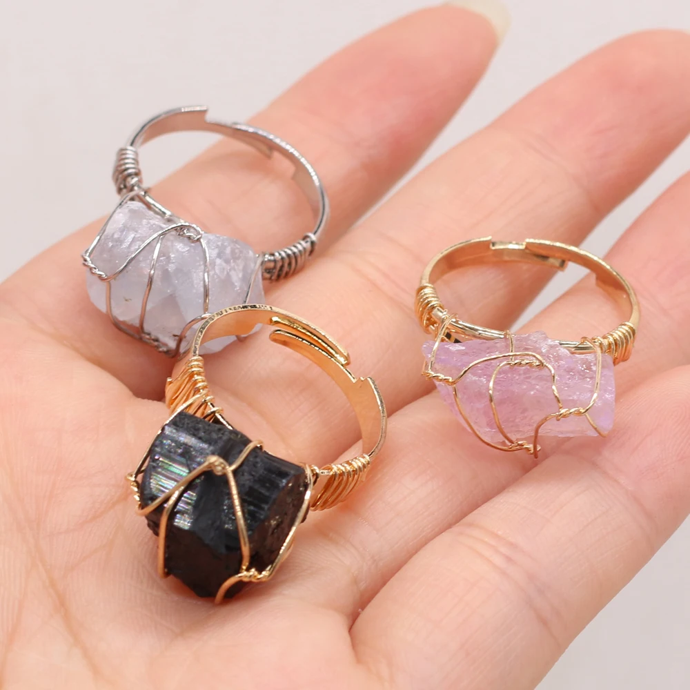 Natural Raw Crystal Rings Gold Color Wire Wrap GemStone Stainless Steel Adjustable Finger Ring Jewelry Gift for Women & Man