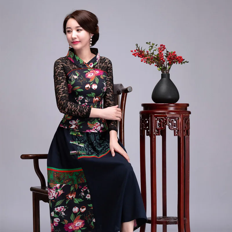 Sexy Women Floral Printing Patchwork Lace Shirt And Skirt Uniform Slim High Quality 6xl 2-pieces Chinese Ethnic Style Clothes