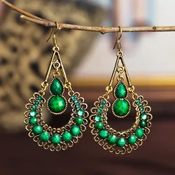 Bohemian Water Drop Vintage Earrings for Women Colorful Acrylic Rhinestone Gold Color Hollow Long Dangle Earrings Jewelry