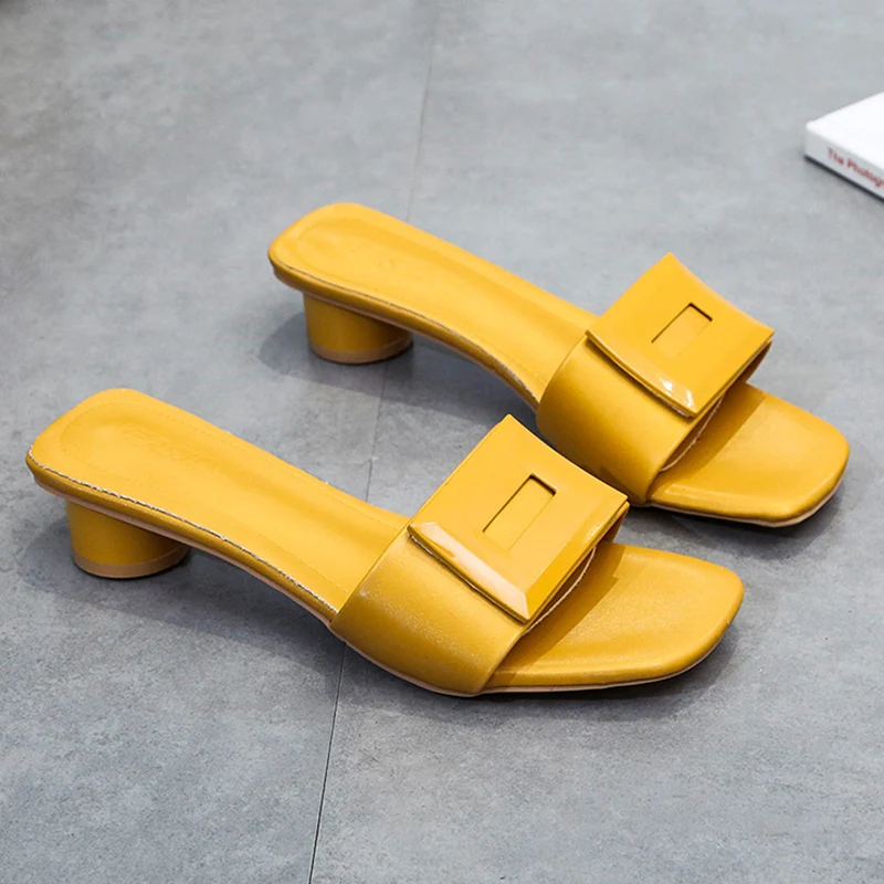 2023 Yellow Green Slides Women 3cm High Heels Slippers Buckle Mules Fetish Summer Sandals Girls Low Block Heels Outdoor Shoes