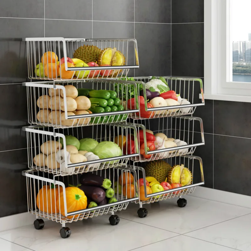 

304 Stainless Steel Kitchen Rack Floor Multi-layer Household Storage Basket Fruit and Vegetable Organizer Basket Shelf mx9291012