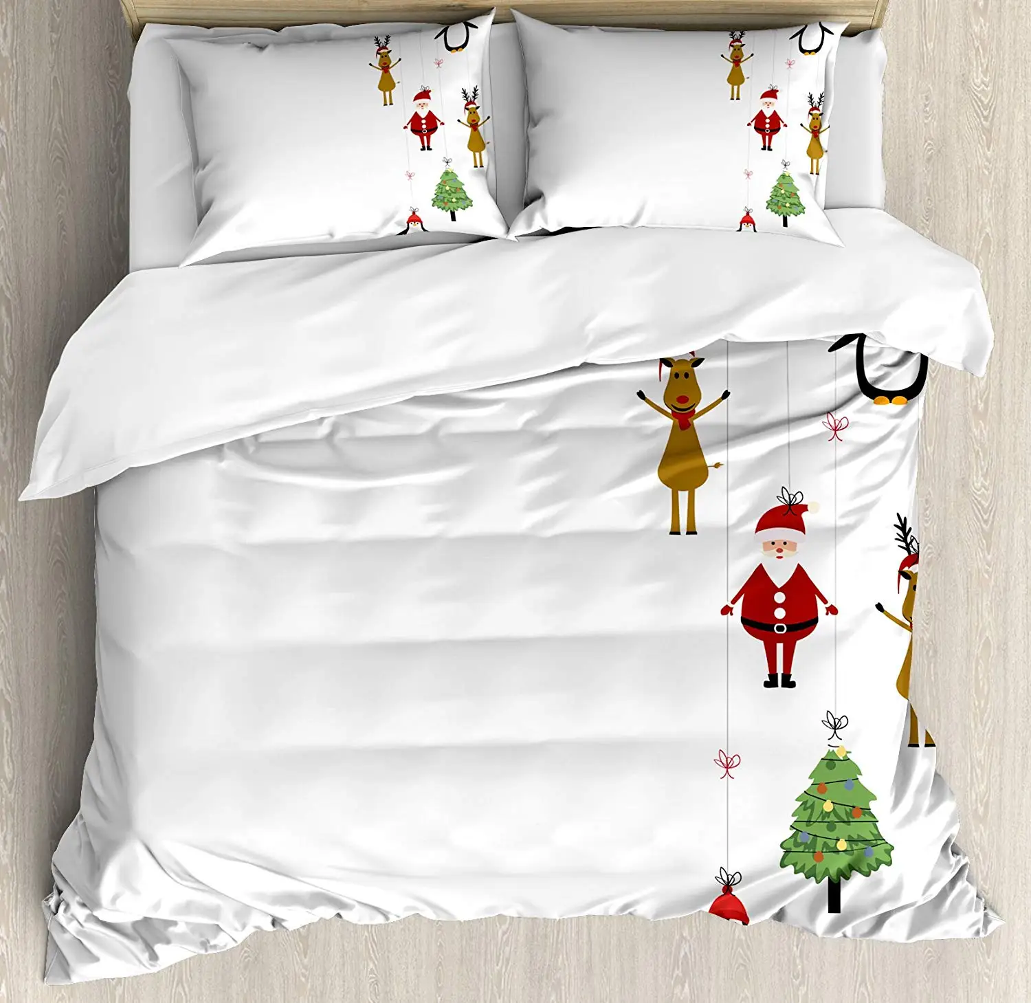 Christmas Duvet Cover Set Reindeers Santa Claus Penguins and Xmas Tree Stripes Design Decorative 3 Piece Bedding Set