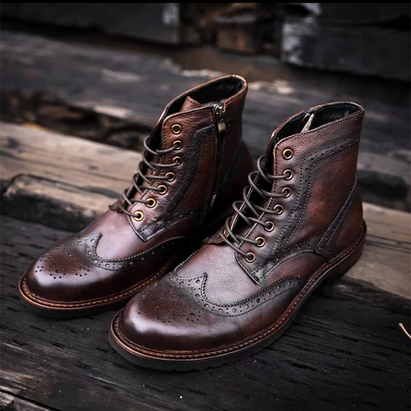 Yomior Top Vintage Old Handmade Men Brogue Boots Tooling Cow Leather Shoes British Zipper Ankle Boots Desert Motorcycle Boots