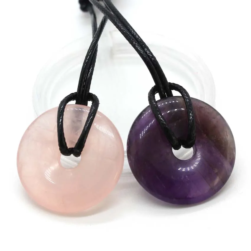 30mm Donut Crystal Stone Pendant Necklace For Women Natural Amethyst Rose Quartz Lapis Lazuli Pendants Adjustable Man Jewellery