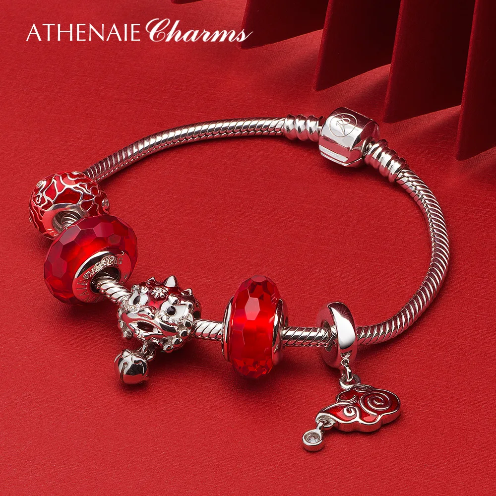 ATHENAIE 925 Sterling Silver Red Enamel Vintage Chinese Lucky Cloud Charms beads for Women Bracelet Necklace Christmas DEAL
