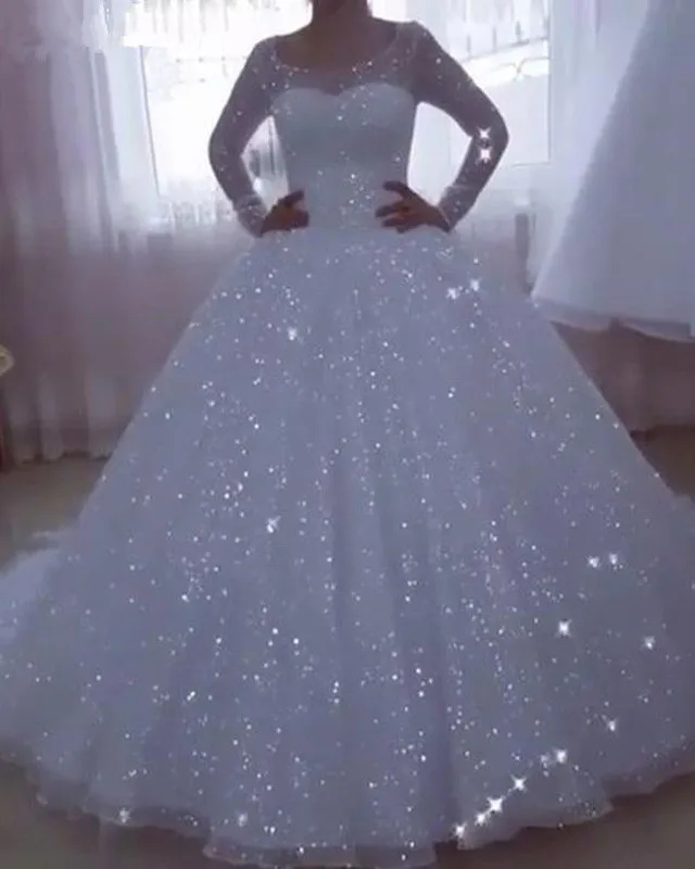 Vestidos de casamento brilhantes com mangas compridas, vestidos de noiva princesa, vestido para noiva, vestido para casamento, plus size, 2020