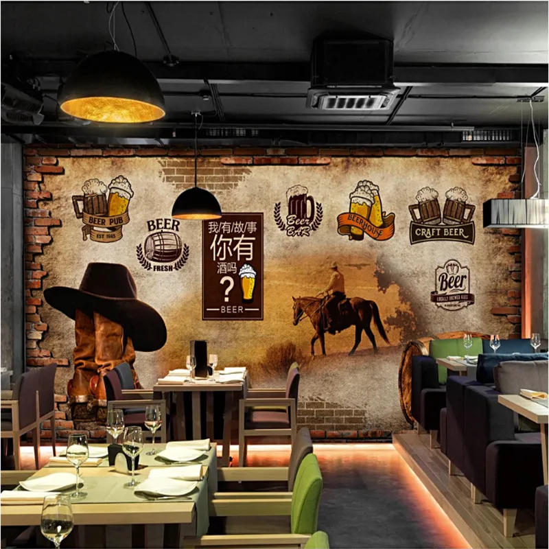 

Retro Nostalgic Western Cowboy Culture Brick Wall Beer Theme 3D Mural Wallpaper Bar Restaurant Industrial Decor Wall Paper 3D