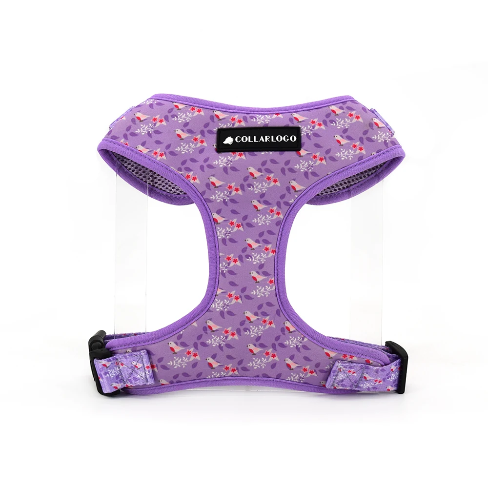 Adjustable Pet Dog Collar Durable Soft Cute Creative Colored Purple Brid Design Leash Neoprene Harness With Poop Bag Dispenser