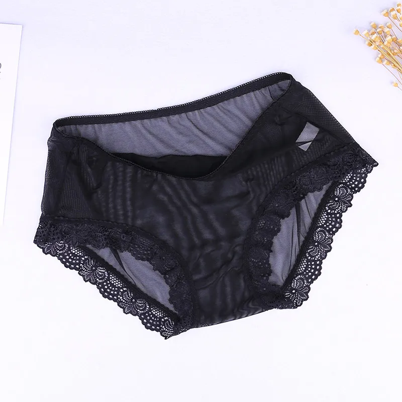 Ultra Thin Lace Mesh Panties Women Sexy Full Transparent Seamless Briefs Mid Waist Plus Size  Lingerie Breathable