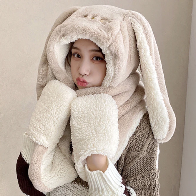 3 in1 Gloves scarf Rabbit Hat long Ears Cute Cartoon Hat Kawaii Funny Birthday Gift Bunny Plush Cap Winter Pink